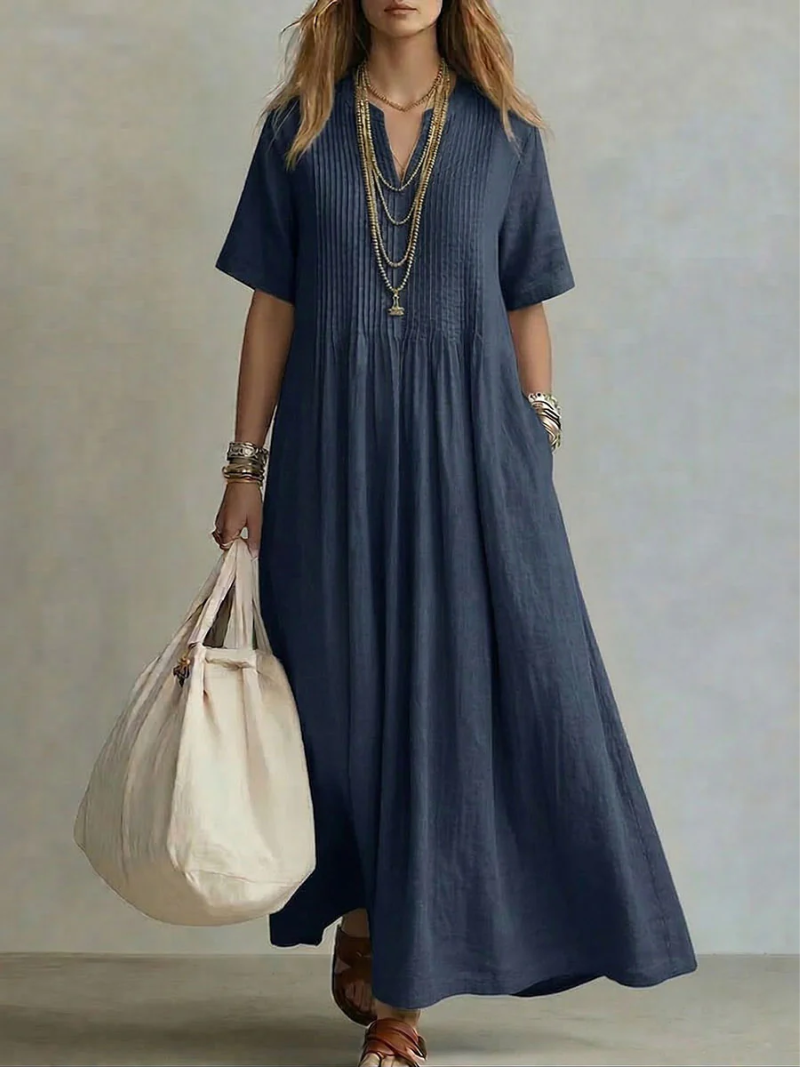 Stylish Maxi Dress for Women with V Neck Pleated