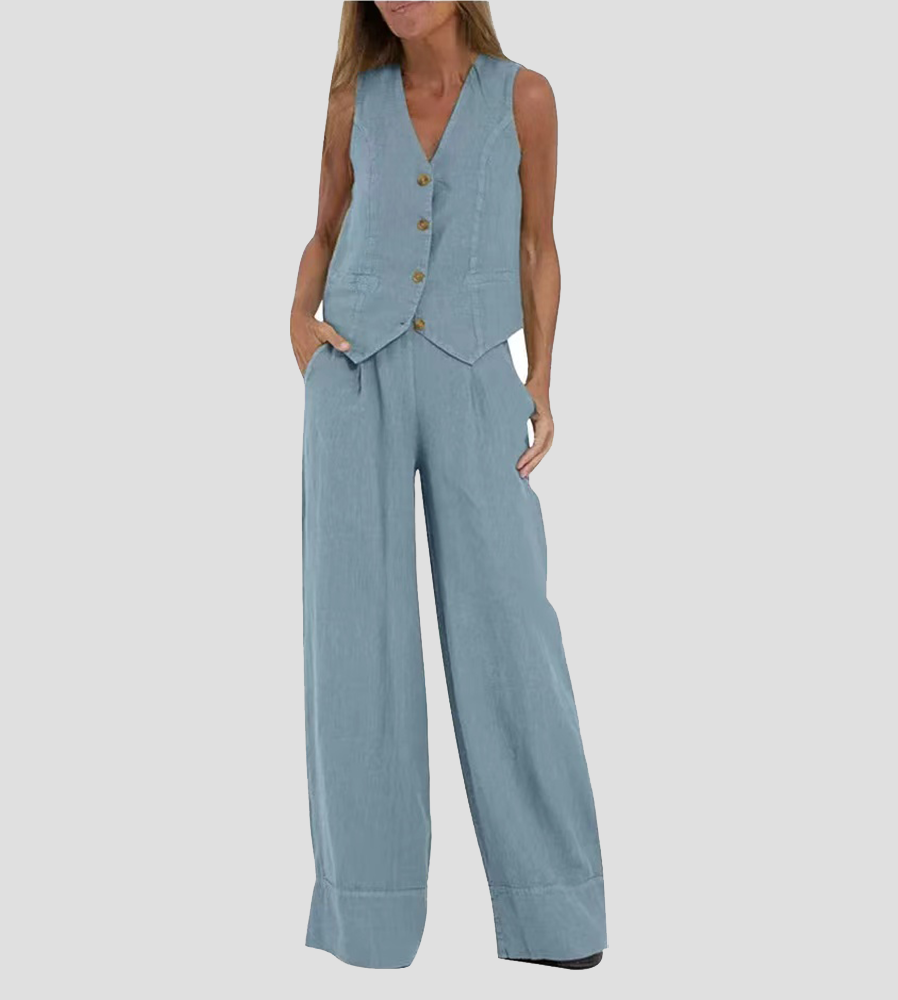 Comfortable Two Piece Set for Women with V Neck Sleeveless Wide Leg