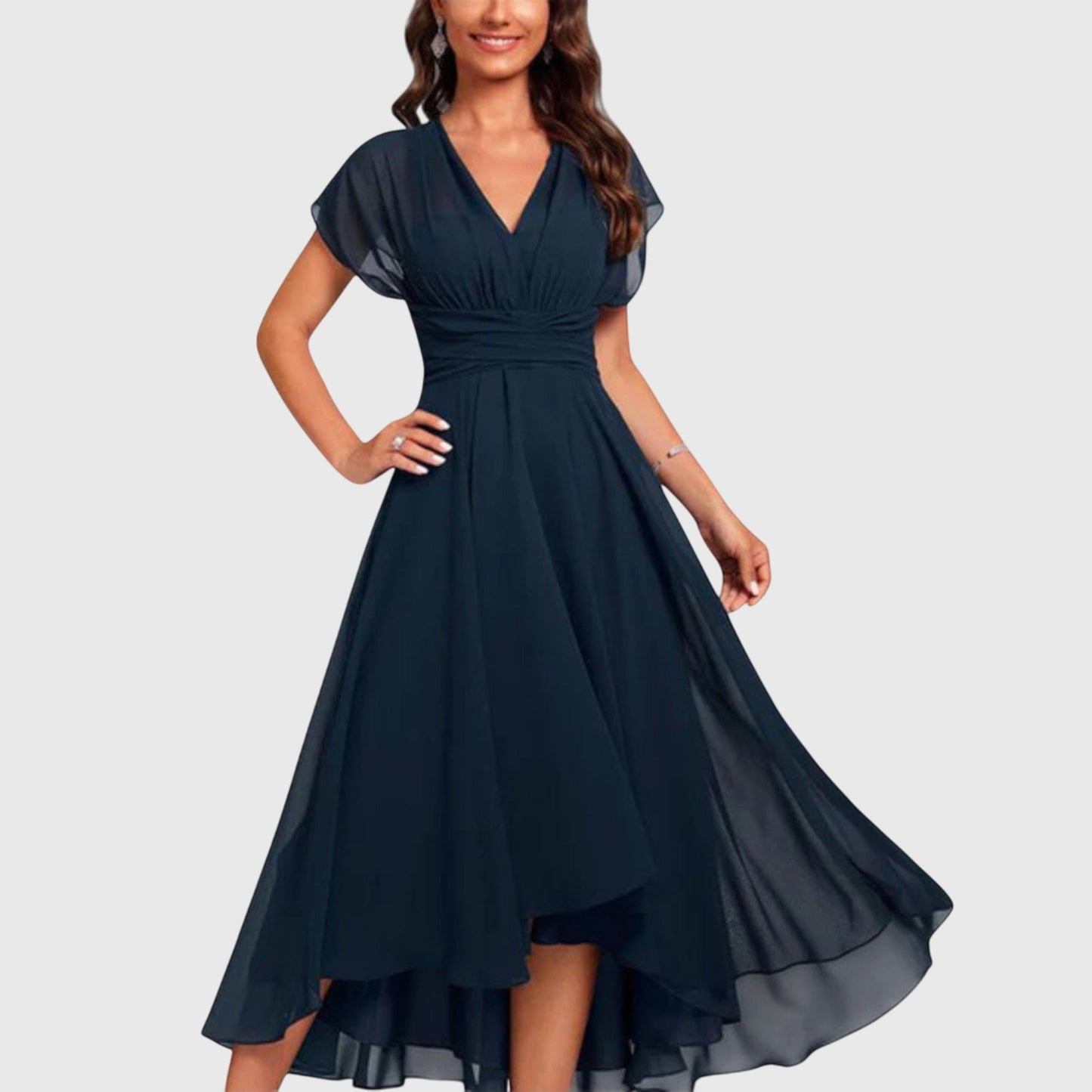 Elegant Navy Chiffon Formal Wedding Guest Dresses for Women with V Neck Flutter Sleeve A Line Style