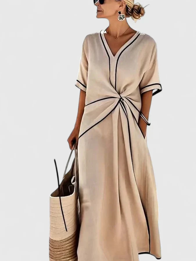 Effortless Twist Knot Maxi Dress for Women with V-Neck Short Sleeve Contrast Trim Casual Style