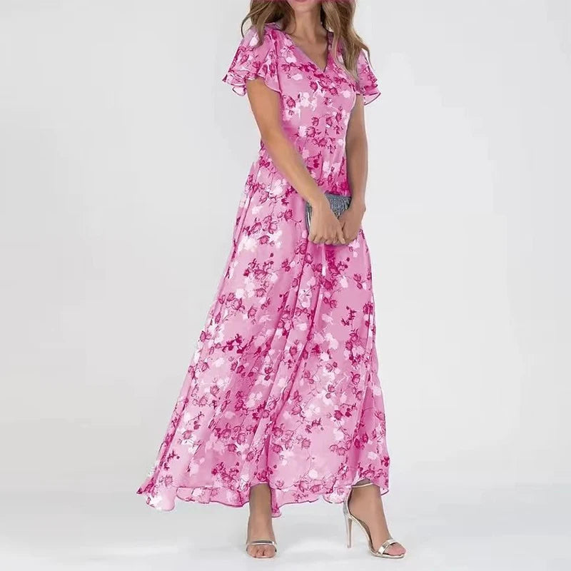 Effortless Floral Midi Dress for Women with Short Sleeve
