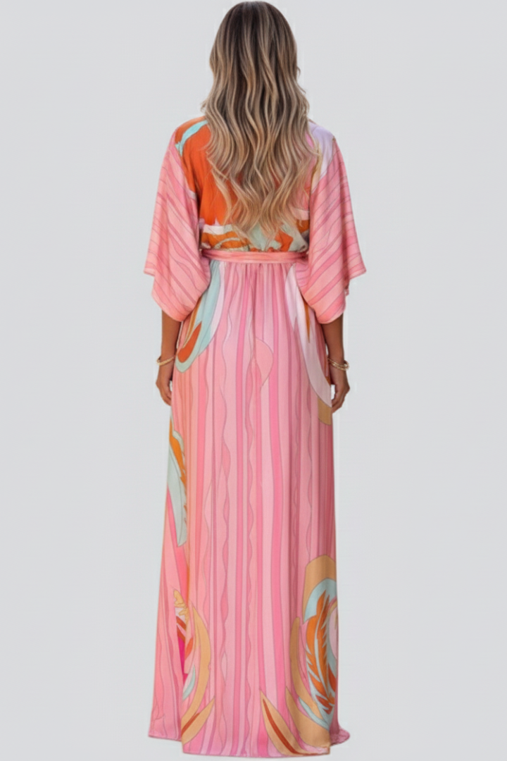 Effortless Pink Print Maxi Dresses for Women with Deep V Neck Kimono Sleeve Belted Long Dress Style