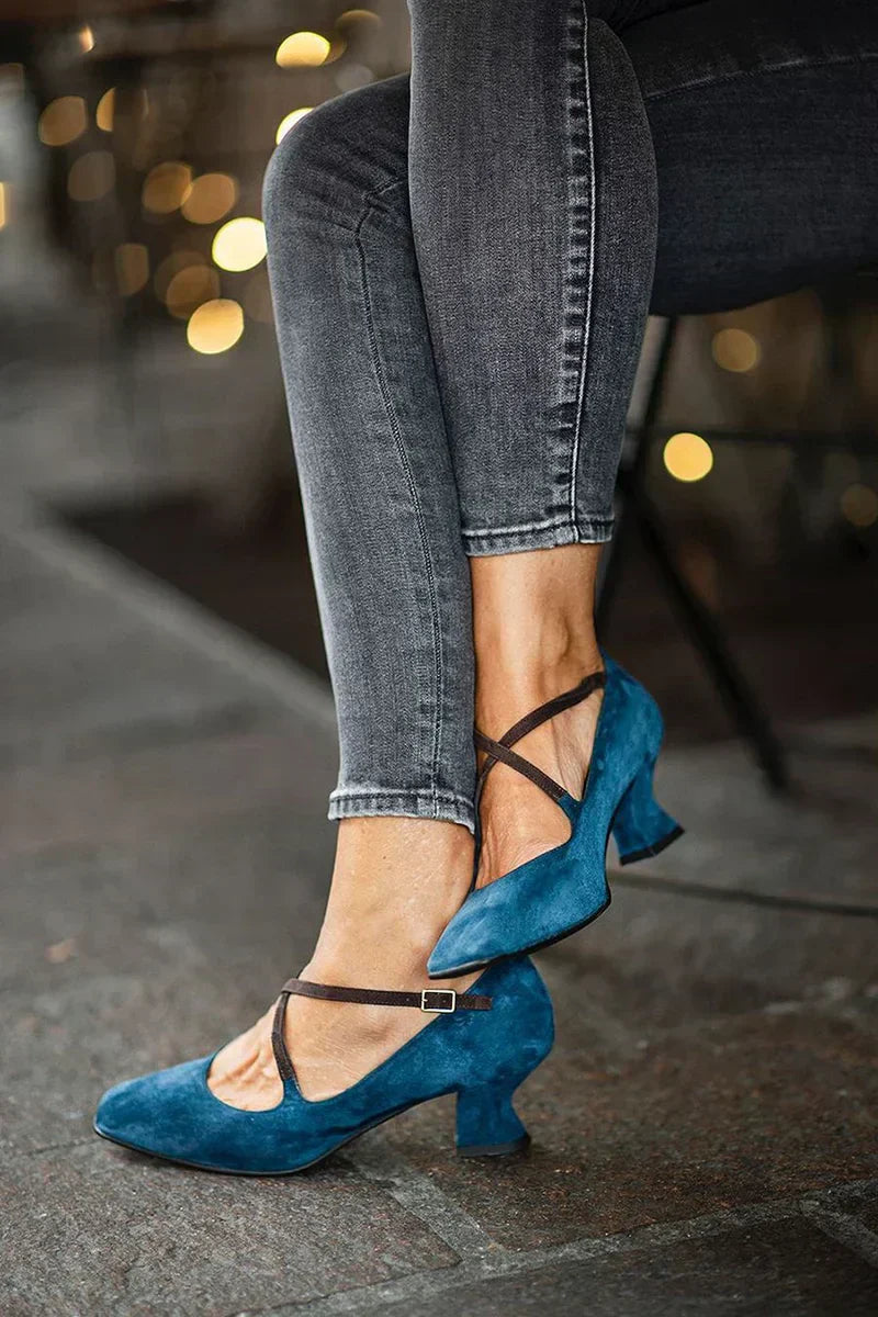 Comfortable Blue Heels for Women with Block Heel Square Toe Style
