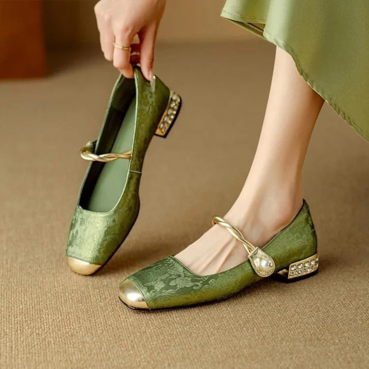 Comfortable Orthopedic Sandals for Women with Round Toe Gold Cap Toe Pearl Ankle Strap Jacquard Low Heel Style