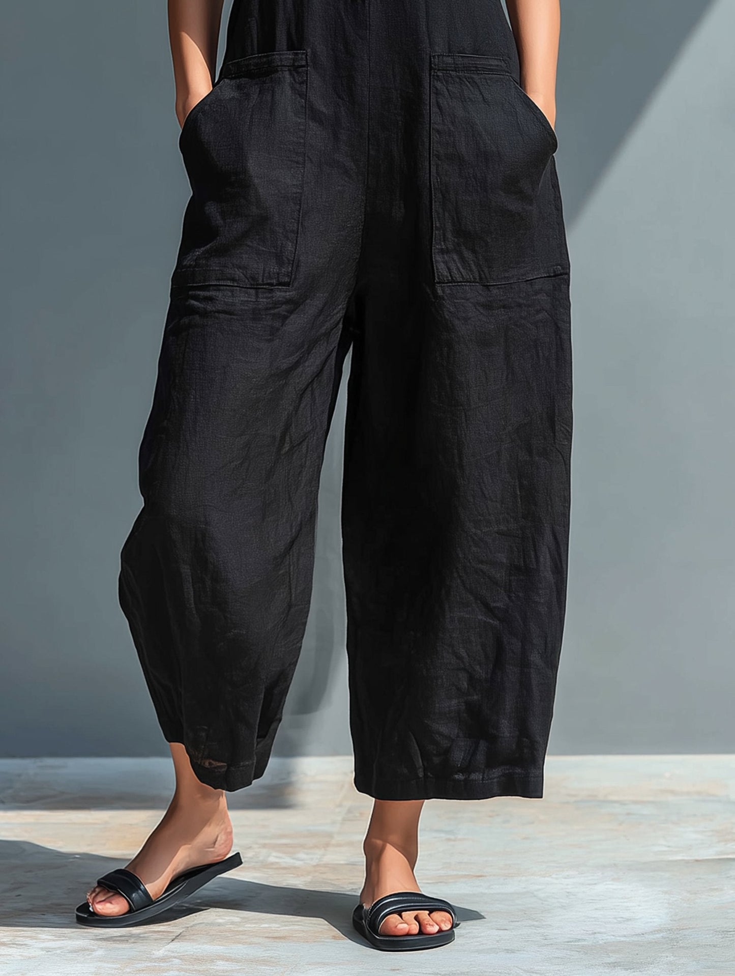 Effortless Linen Jumpsuit for Women with Stand Collar Sleeveless Button Up Relaxed Casual Style