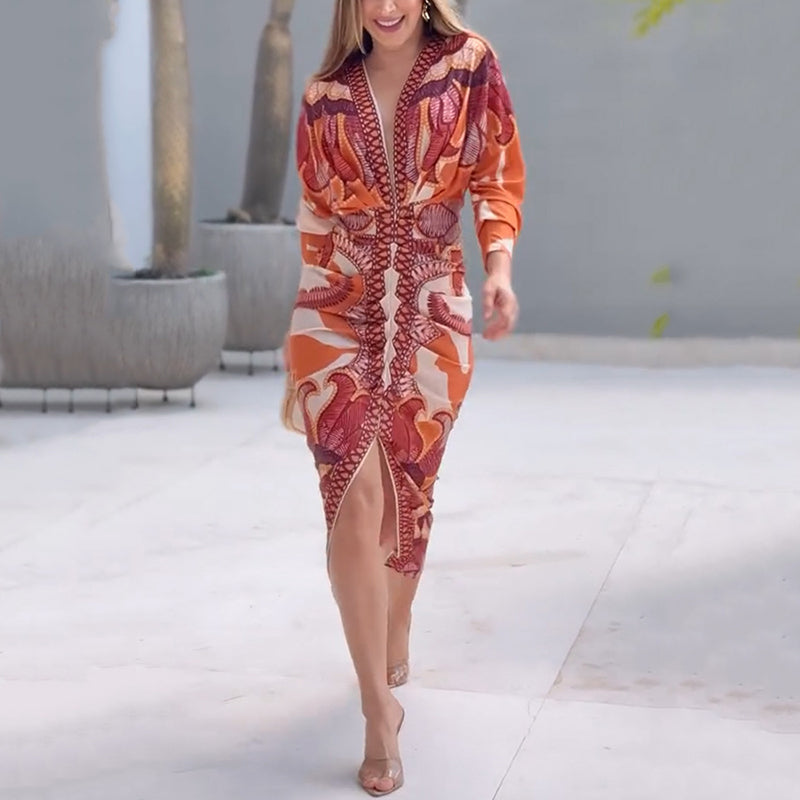 Elegant Orange Floral Maxi Dress for Women with V-Neck Wrap Front Slit Style
