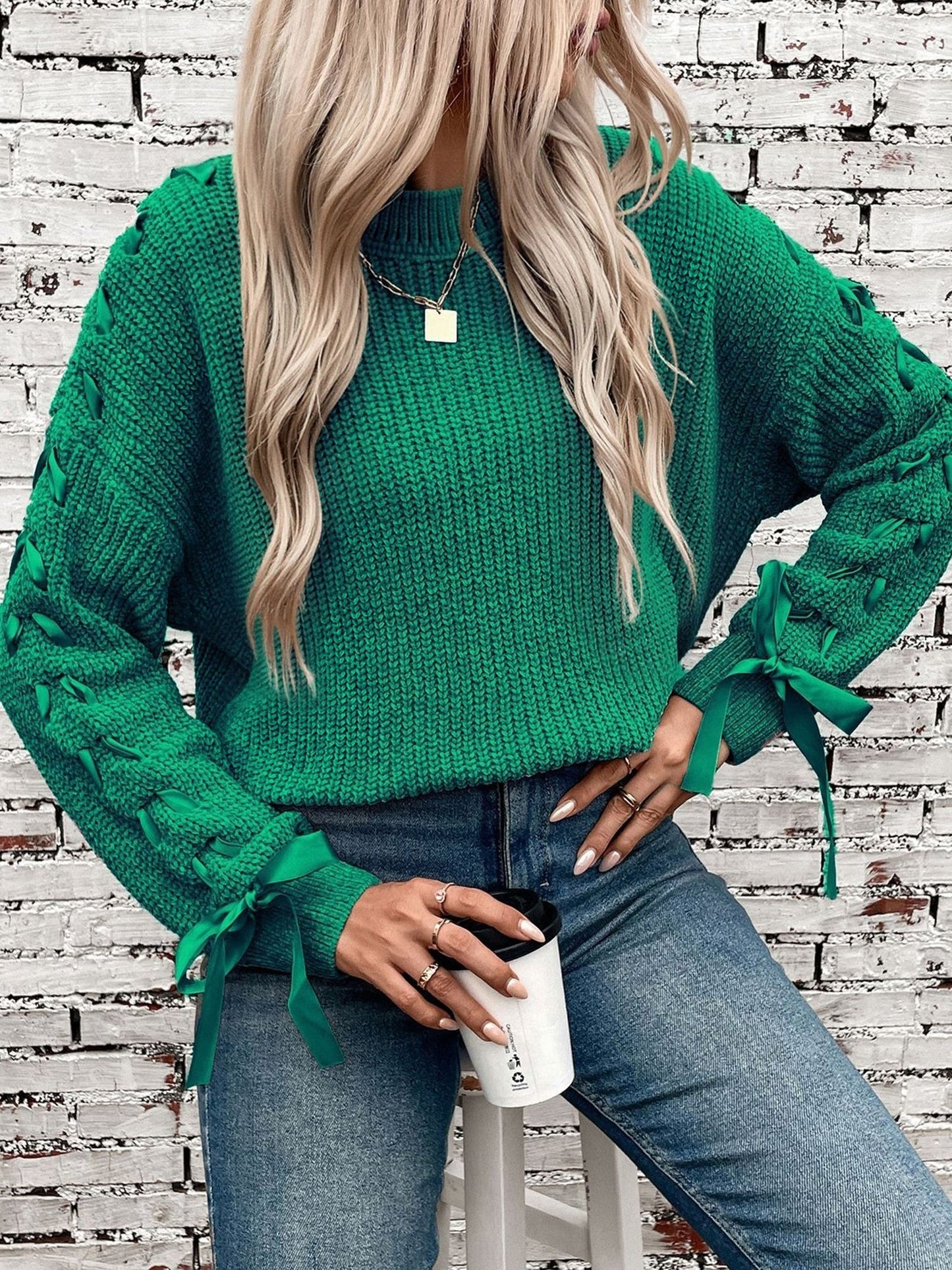 Comfortable Cable Knit Sweater for Women with Crew Neck Cinched Cuff Style