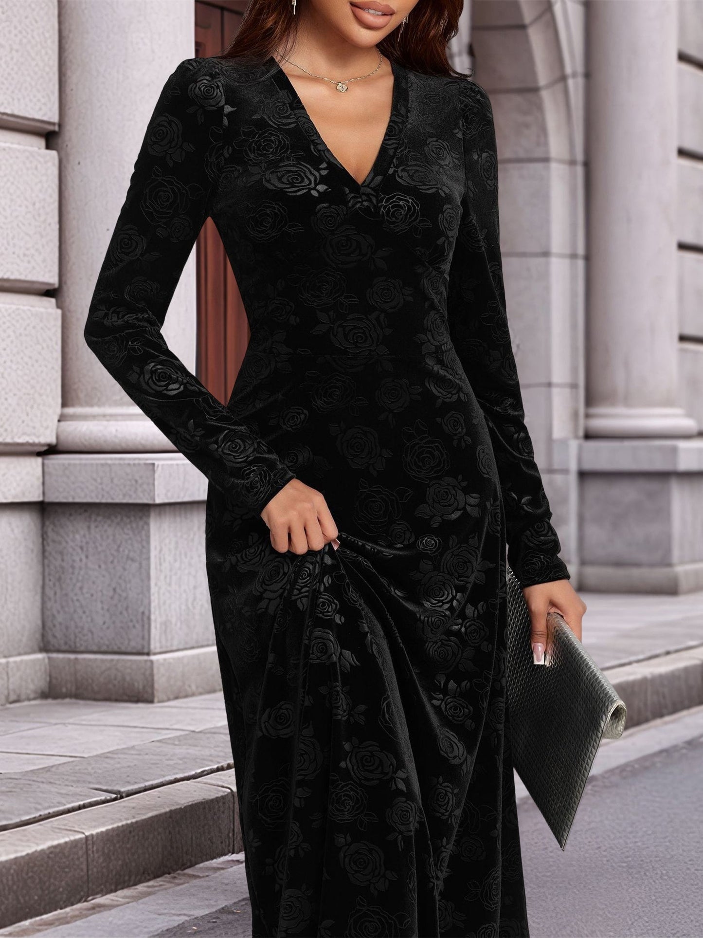 Elegant Black Floral Maxi Dress for Women with V-Neck Long Sleeve Wrap Style