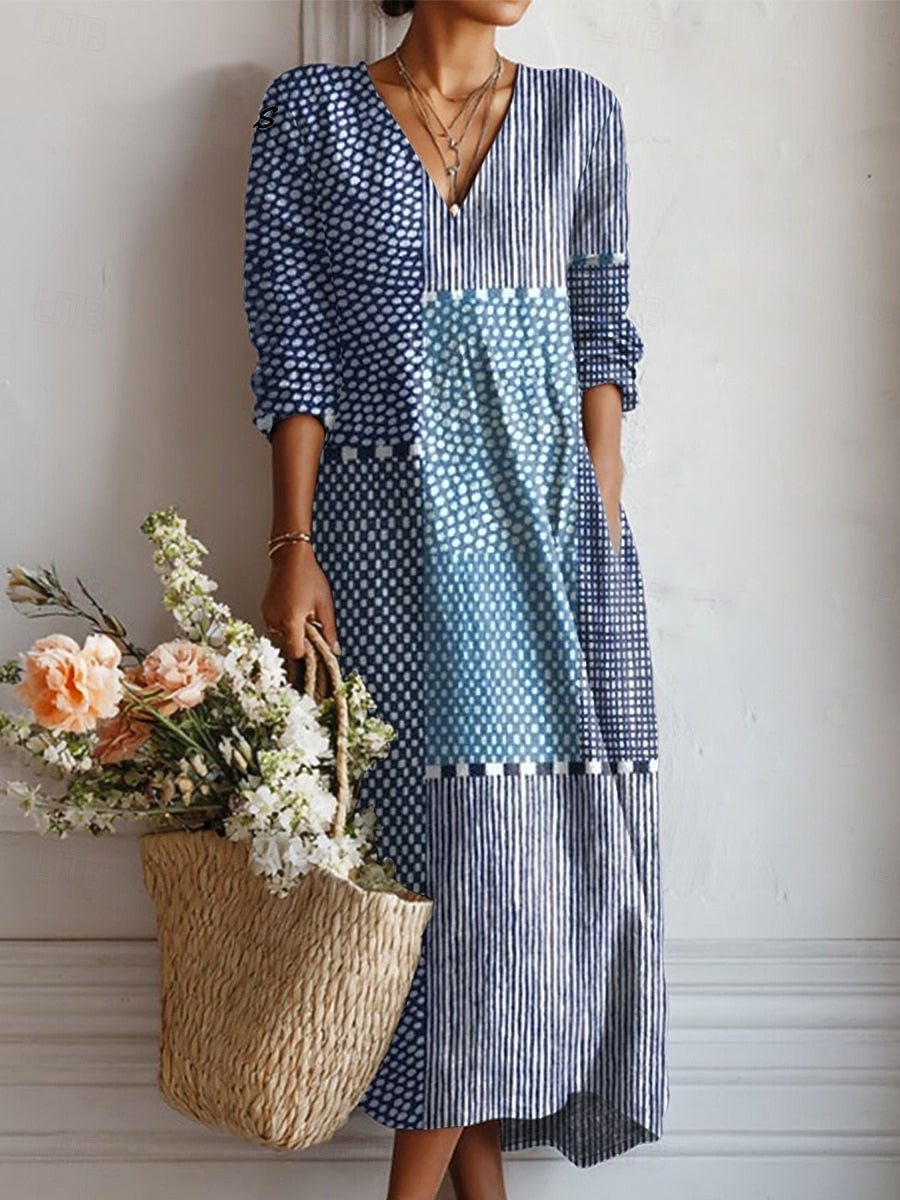 Stylish Blue Patchwork Mini Dress for Women with V Neck