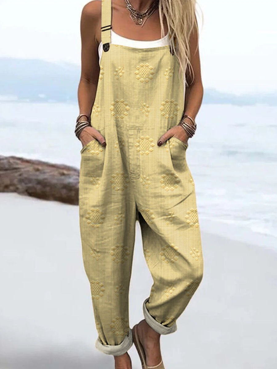 Effortless Floral Textured Jumpsuit for Women with Adjustable Strap Wide Leg Pocket Casual Style