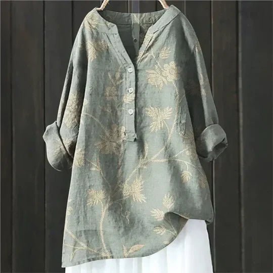 Effortless Floral Tunic for Women with V-Neck Long Sleeve Button Up Linen Relaxed Casual Style