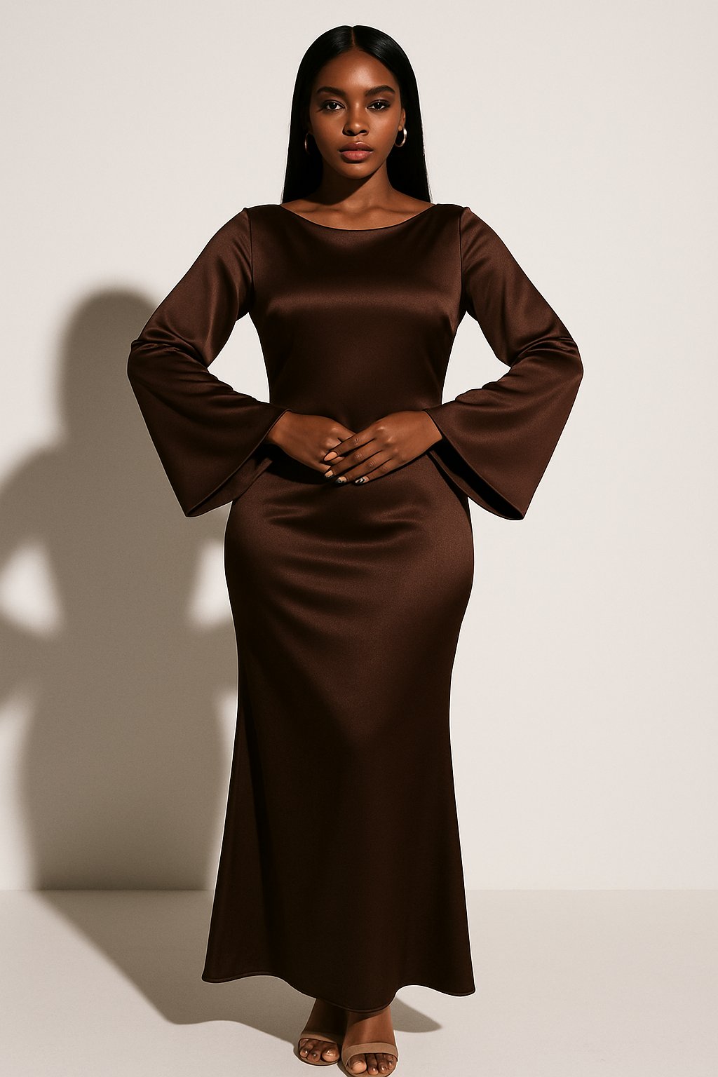 Ava | Women's Satin Long Sleeve Scoop Neck Fishtail Maxi Dress