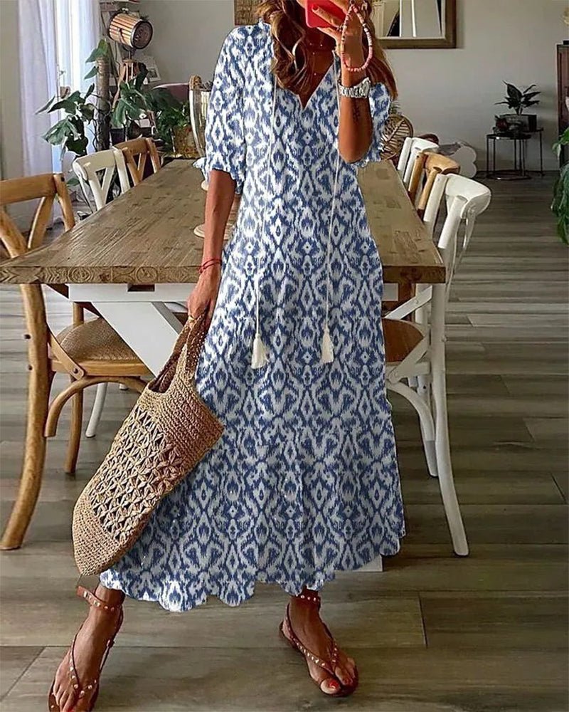 Stylish Geometric Dress for Women with V Neck Lantern Sleeve