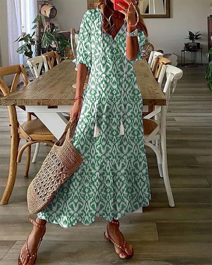 Stylish Geometric Dress for Women with V Neck Lantern Sleeve