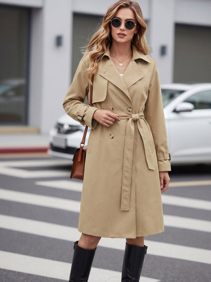 Elegant Khaki Trench Coat for Women with Notch Collar Belted Waist Long Style