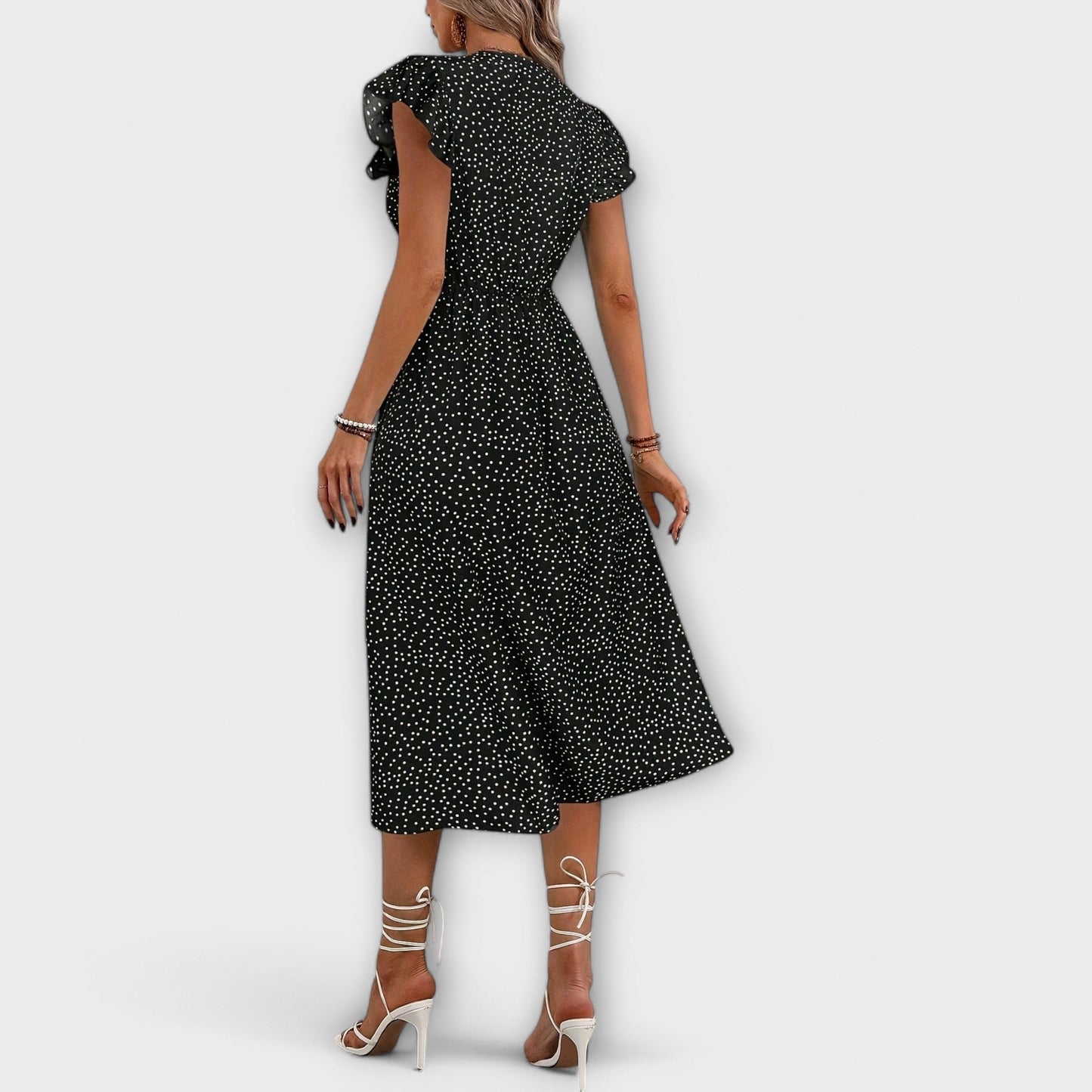 Effortless Polka Dot Midi Dress for Women with Deep V Neck Button Down Flutter Sleeve Casual Style