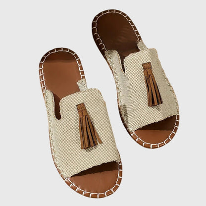 Comfortable Sandals for Women with Toe Ring Tassel Detail Ethnic Print Flat Sole Casual Flip Flop Style