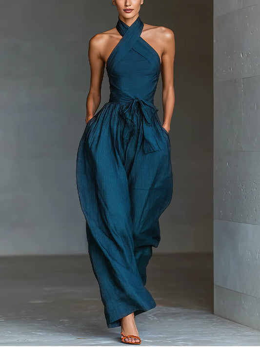 Elegant Jumpsuits for Women with Cross Halter Neck Wide Leg Side Pocket Belted Formal Style