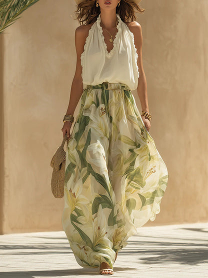 Effortless Two Piece Set for Women with Floral Print Halter Ruffle Neck Wide Leg Chiffon Vacation Style