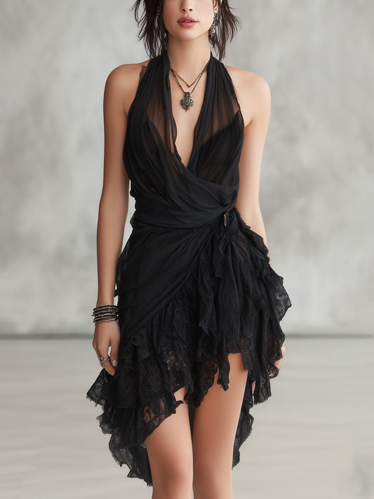 Elegant Black Mini Dress for Women with Sheer Chiffon Halter Deep V-Neck Lace Ruffle Wrap Style