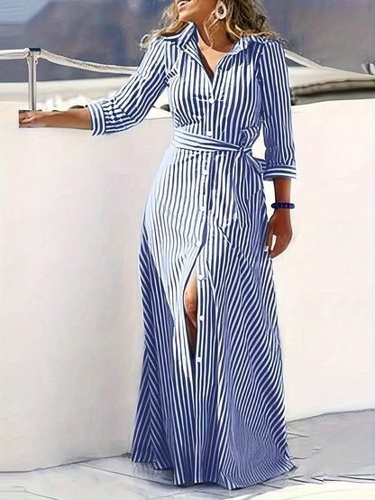 Effortless Striped Maxi Dress for Women with Collared Belted