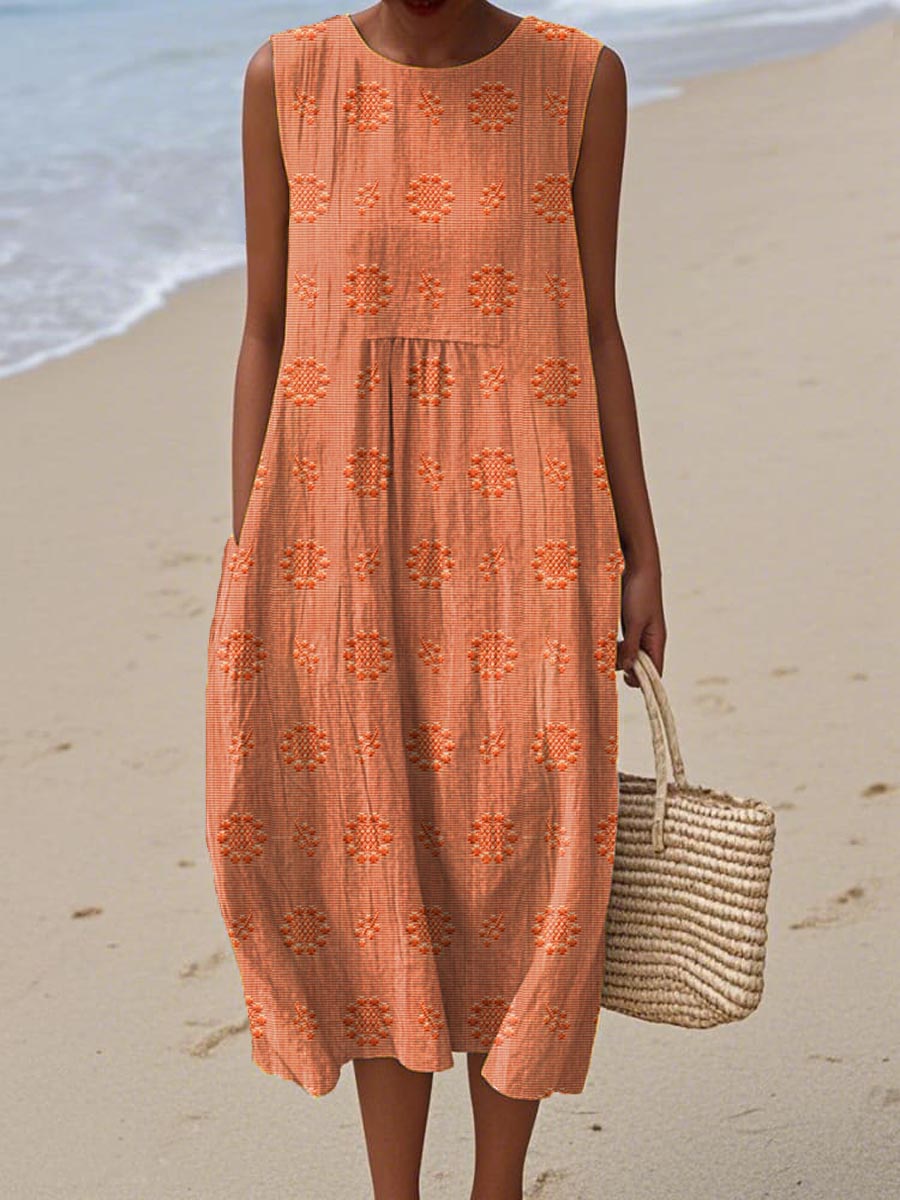 Elegant Floral Midi Dress for Women with Sleeveless Pocket
