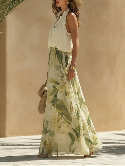 Effortless Two Piece Set for Women with Floral Print Halter Ruffle Neck Wide Leg Chiffon Vacation Style