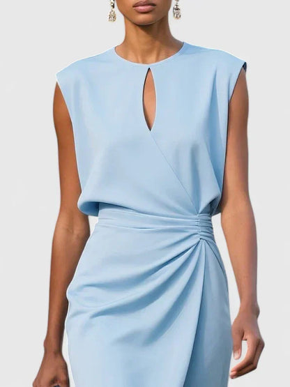 Elegant Sleeveless Midi Dress for Women with Keyhole Neck Ruched Waist Formal Style