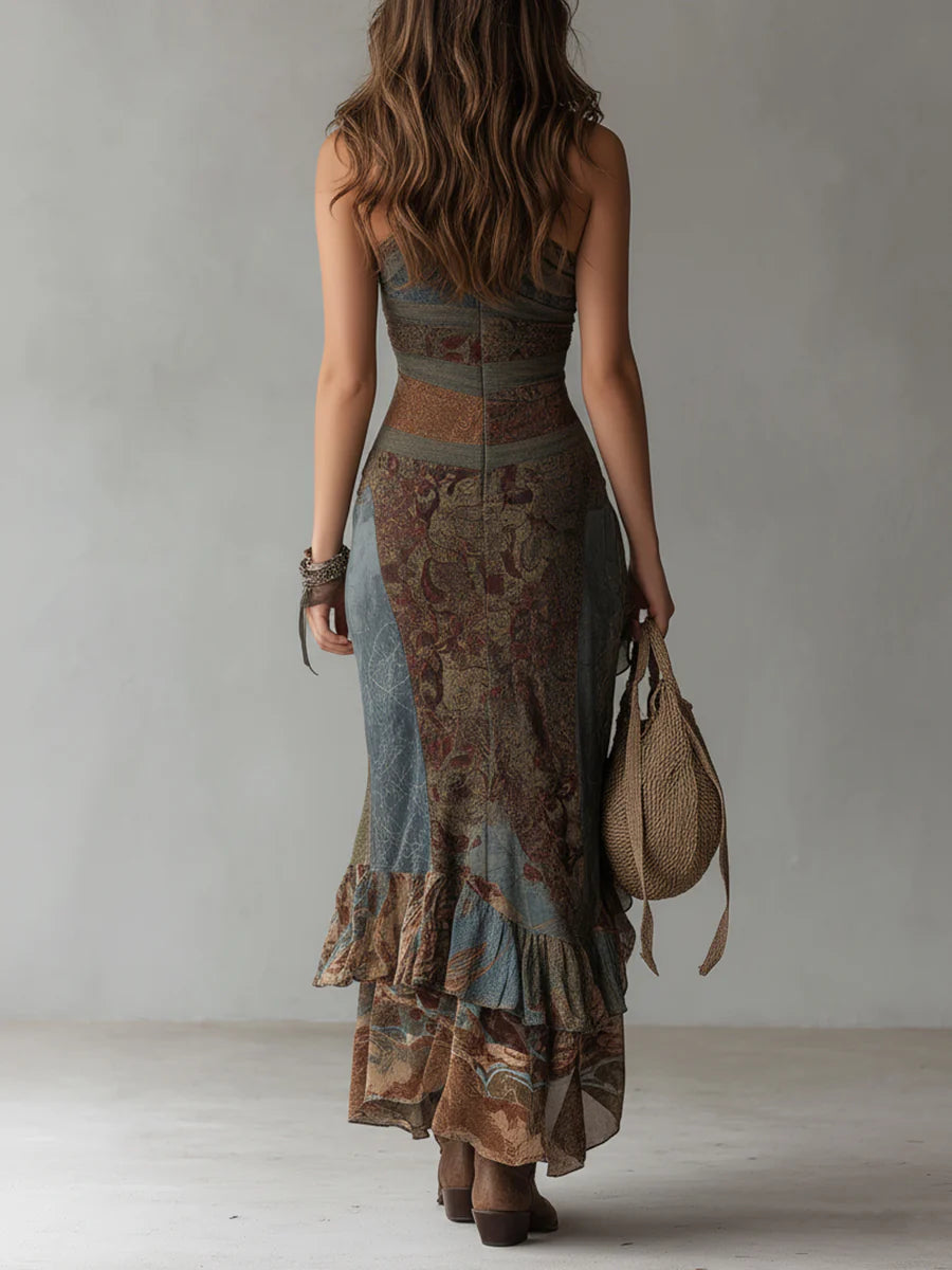 Effortless Ethnic Print Maxi Dresses for Women with One Shoulder High Slit Ruffle Hem Boho Style