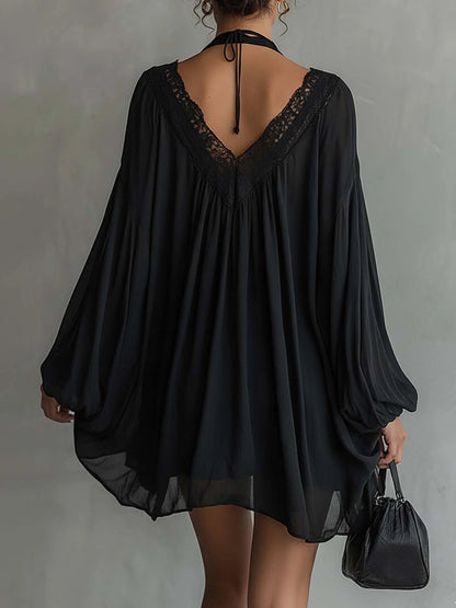 Elegant Black Dress for Women with Lace V-Neck Halter Tie Balloon Hem Long Sleeve Chiffon Mini Style