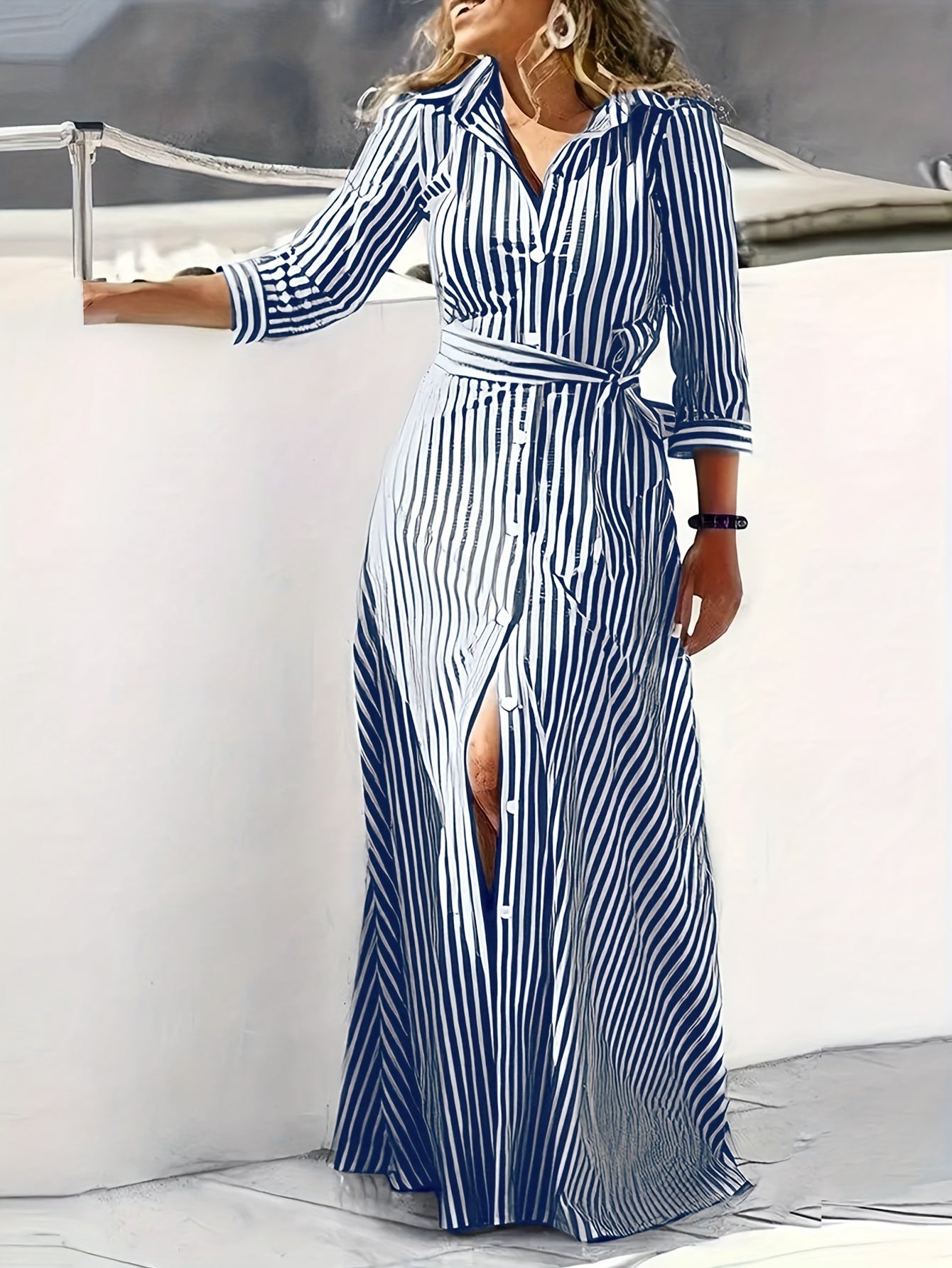 Effortless Striped Maxi Dress for Women with Collared Belted