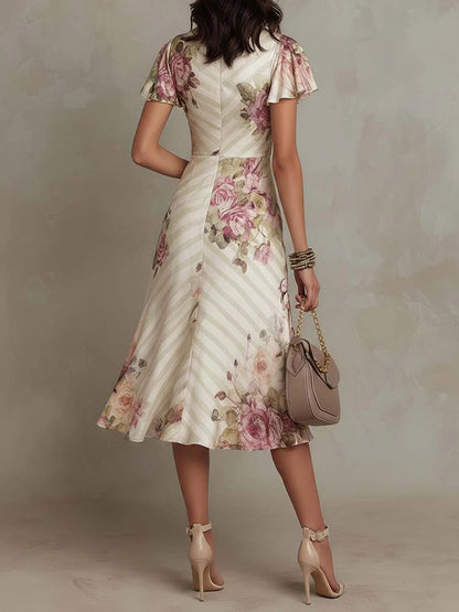 Elegant Floral Dress for Women with Satin Ruched Wrap V-Neck Flutter Sleeve Formal Wedding Guest Style