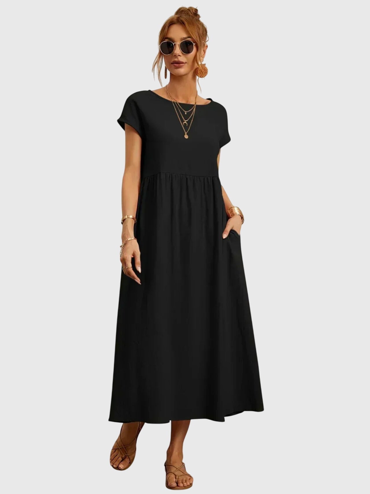 Effortless Round Neck Maxi Dress for Women with Short Sleeve Empire Waist Pocket Casual Style