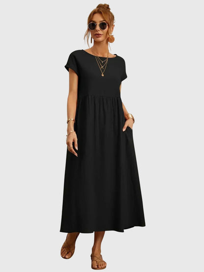 Effortless Round Neck Maxi Dress for Women with Short Sleeve Empire Waist Pocket Casual Style