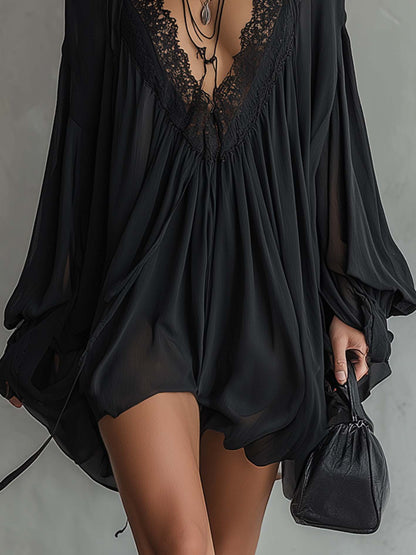 Elegant Black Dress for Women with Lace V-Neck Halter Tie Balloon Hem Long Sleeve Chiffon Mini Style