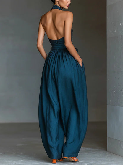 Elegant Jumpsuits for Women with Cross Halter Neck Wide Leg Side Pocket Belted Formal Style