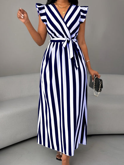 Stylish Striped Wrap Maxi Dress for Women with Ruffle Sleeve