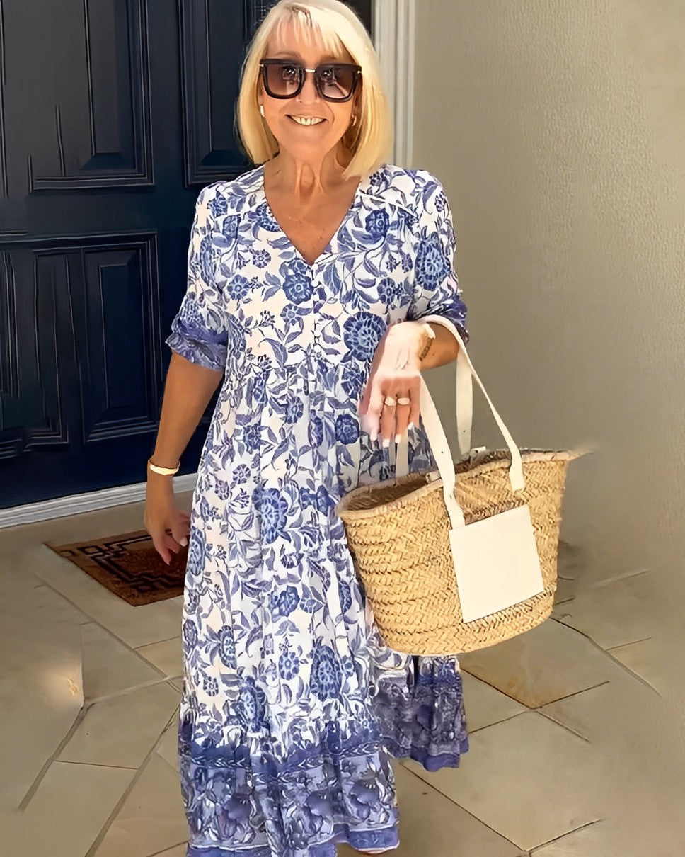Stylish Flowy Floral Maxi Dress for Women with V Neck
