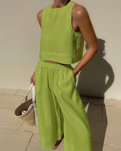 Effortless Two Piece Set for Women with Sleeveless Crop Tank Top Wide Leg Shorts Casual Summer Style
