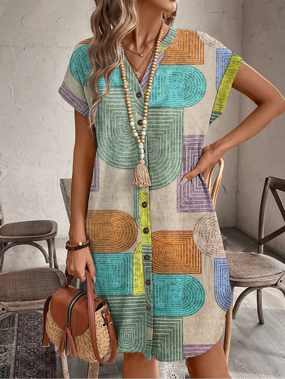 Effortless Geometric Shirt Dress for Women with V Neck Retro
