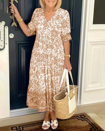 Stylish Flowy Floral Maxi Dress for Women with V Neck
