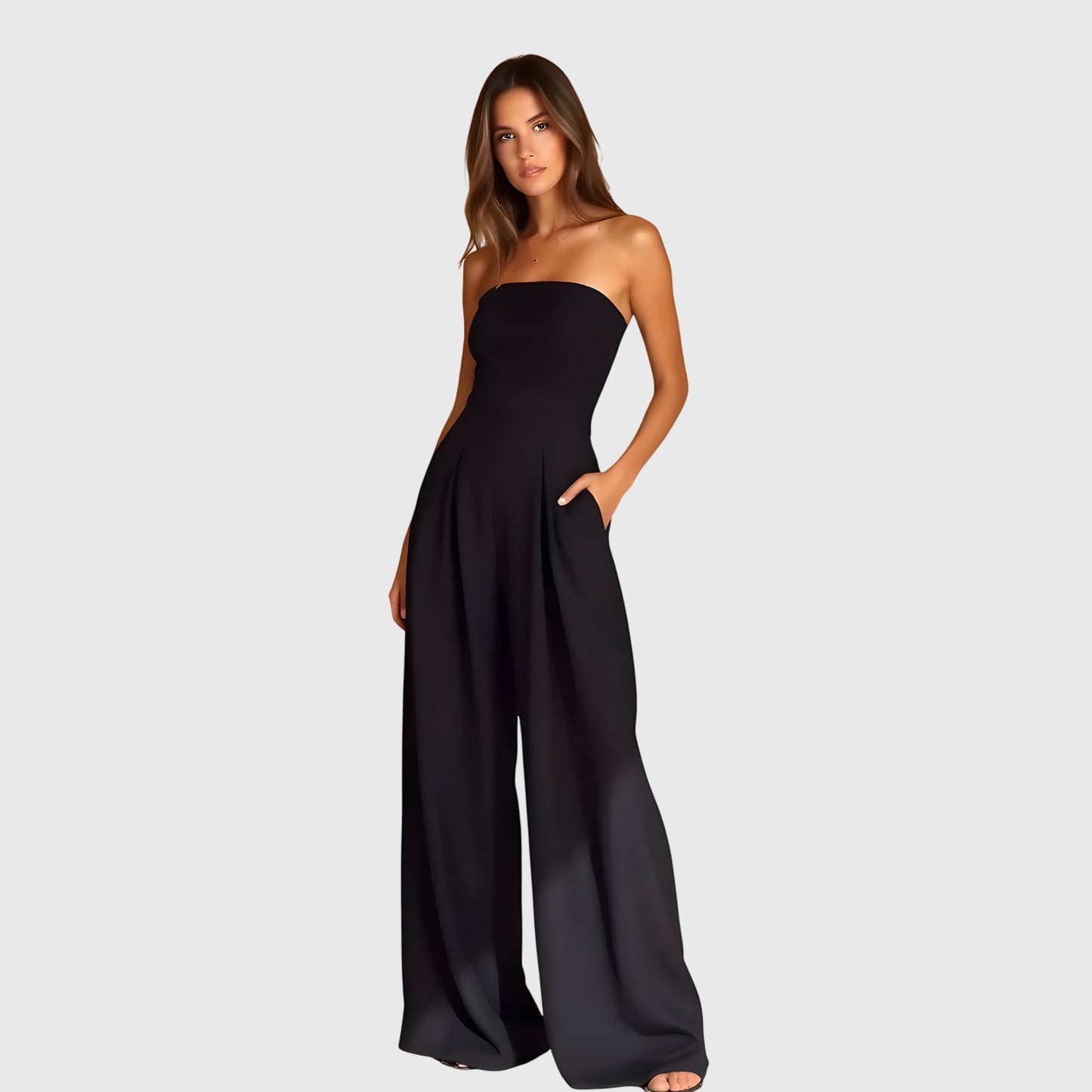 Elegant Strapless Jumpsuit for Women with Wide Leg Pleated Front Pocket Casual Formal Style