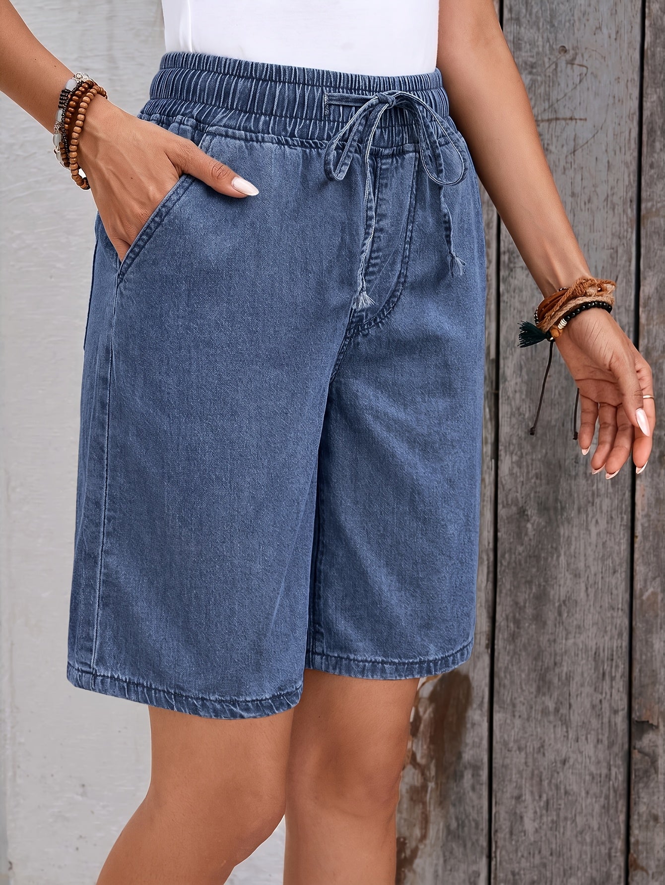 Effortless Blue Denim Bermuda Shorts for Women with Drawstring High Waist Relaxed Style