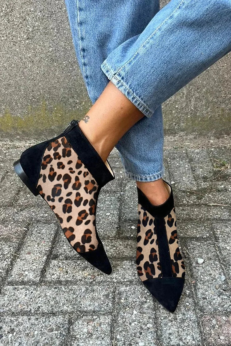 Comfortable Khaki Leopard Boots for Women with Pointed Toe Ankle Style