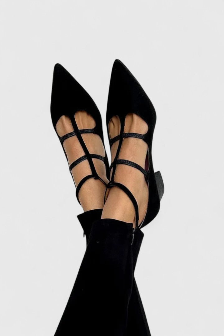 Comfortable Black Heels for Women with Lace Up Pointed Toe Style