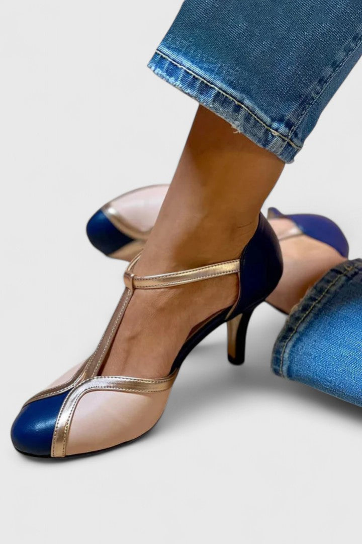Comfortable Color Block Heels for Women with T Strap Style