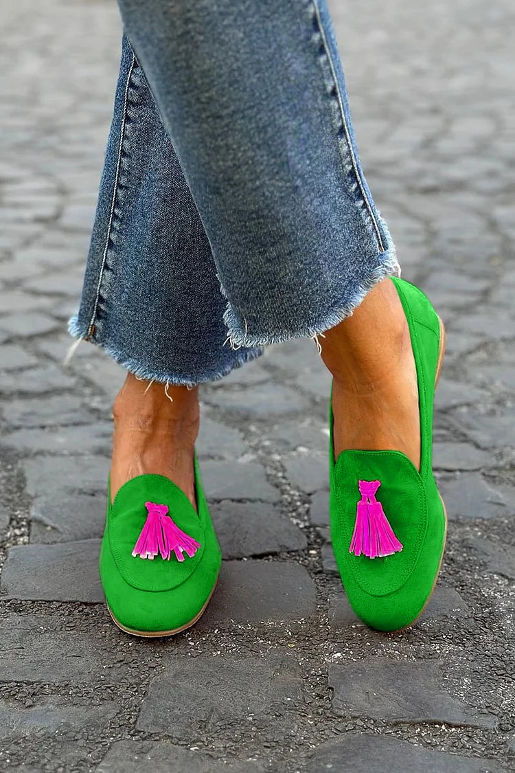 Comfortable Green Loafers for Women with Round Toe Tassel Style