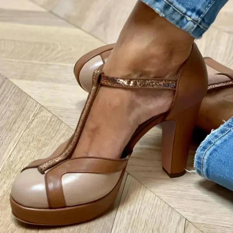Comfortable Brown Sandals for Women with T Strap Two Tone Style
