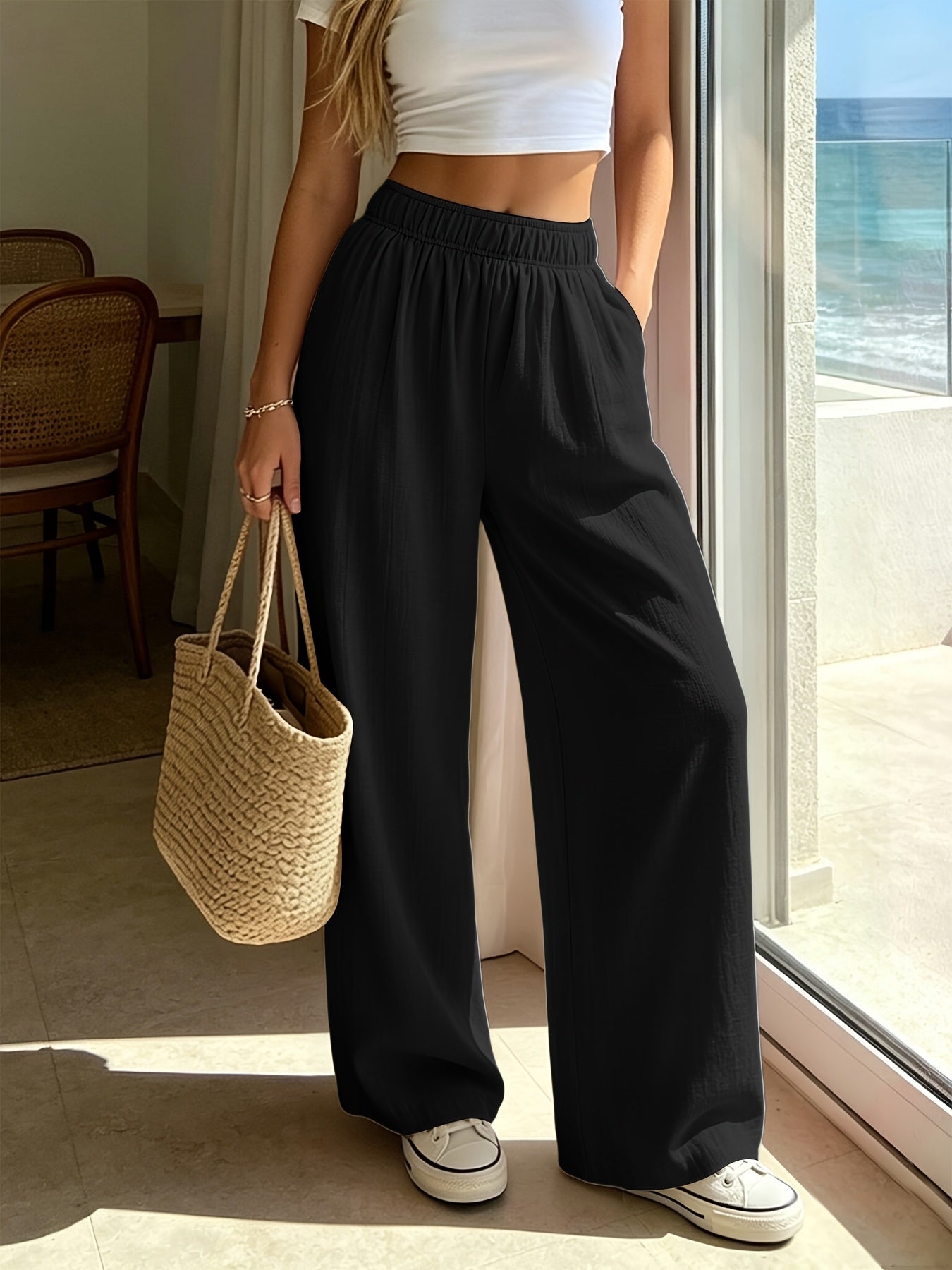 Comfortable Wide Leg Pants for Women with High Waist Textured Relaxed Style