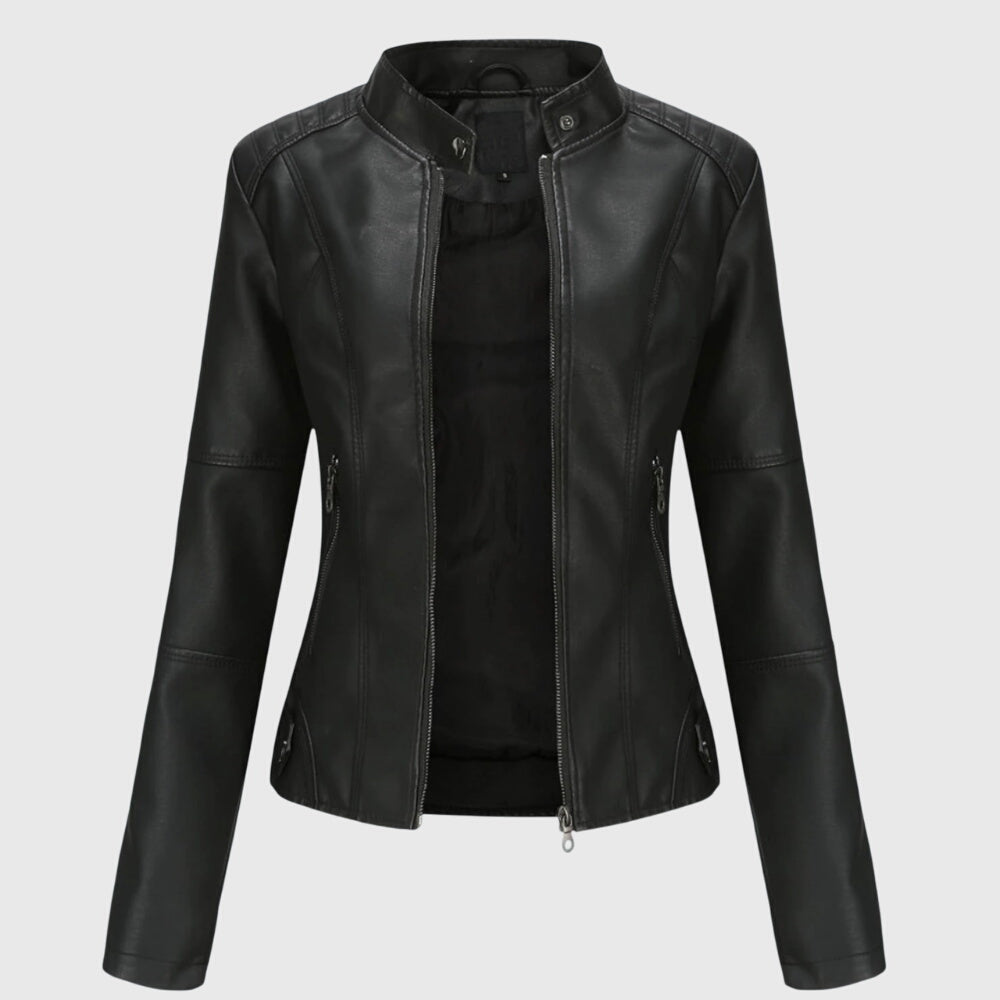 Elegant Leather Jacket for Women with Stand Collar Zip Front Fitted Style